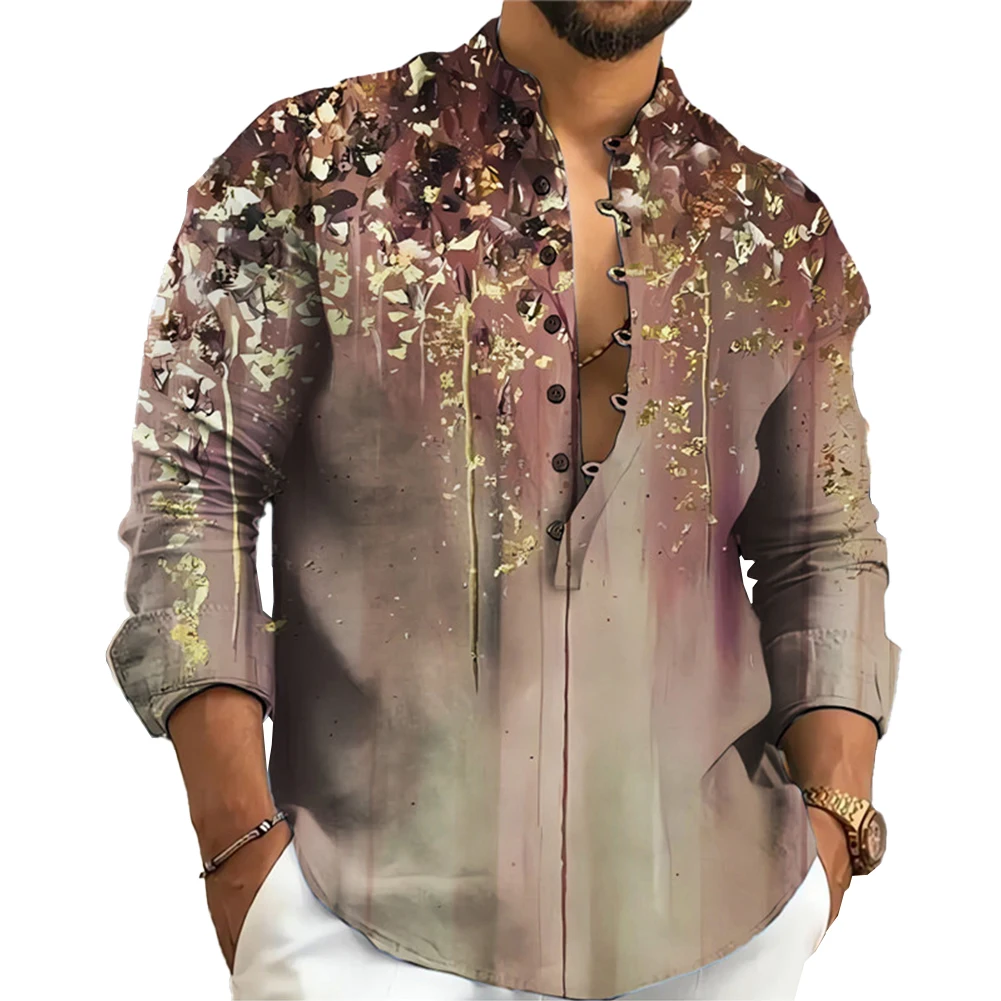 

Autumn Spring Casual Shirts And Blouses Long Sleeve Print Button Stand Collar Tops Shirt Male Clothing For Men