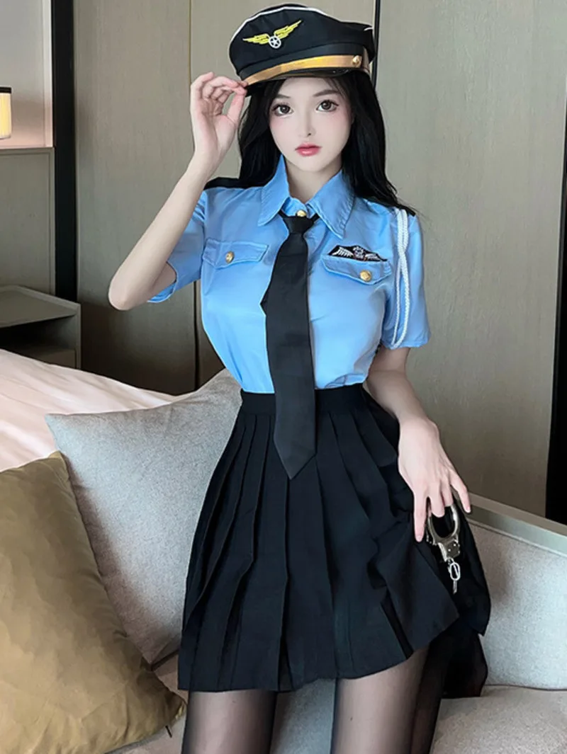 

Korean Women Mini Sweet Dress Sexy Policewoman Uniform Seduction Cosplay Professional Clothes Hot Dress Elegant Tops FX8S