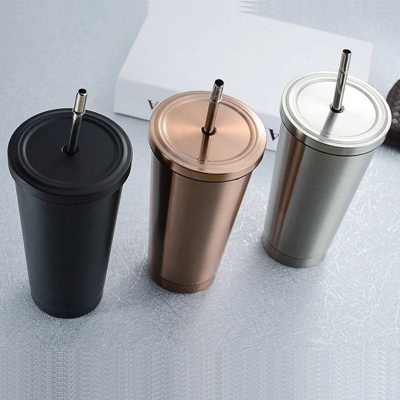 500ml Stainless Steel Coffee Mug With Lid Beer Practical Tea Cup Metal Cup Drink Straw Travel Cups Home Portable Water Bottle
