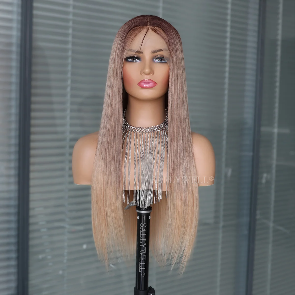 Ombre Brown Blonde 13x4 Lace Front Synthetic Wig Glueless Long Straight 3 Tone Colored Lace Front Wig for Women Heat Resistant