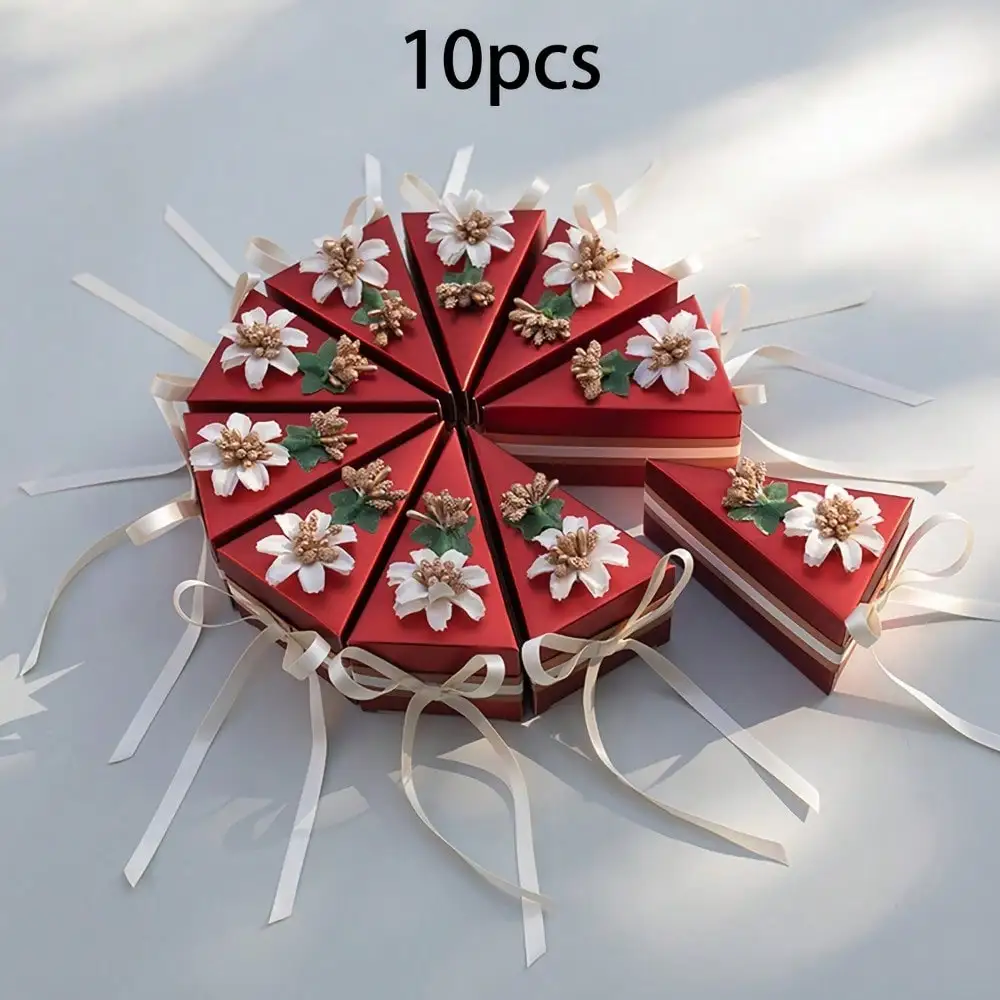 Triangle Cake Shape Candy Boxes with Flower Bow Wedding Birthday Party Decoration Supplies Wedding Candy Bag Packaging Boxes
