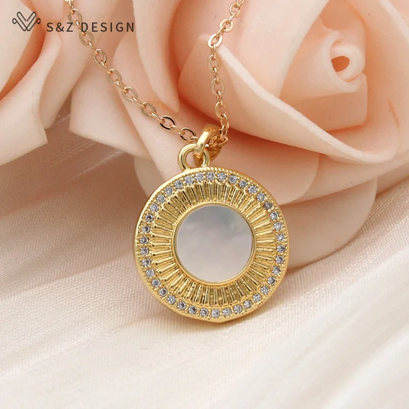 S&Z DESIGN New Fashion Micro Wax Inlay Cubic Zirconia Gold Color Round Shell Pendant Necklace For Women Elegant Classic Jewelry