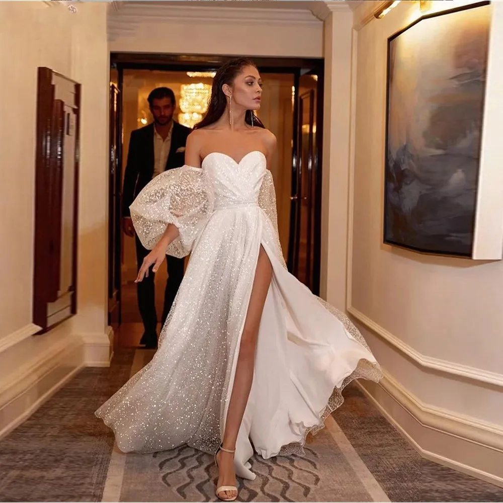 

Sparkly Sequins Long Prom Dresses 2023 Short Sleeves A Line Sweetheart Beach Wedding Party Gowns فساتين مناسبة رسمية Custom