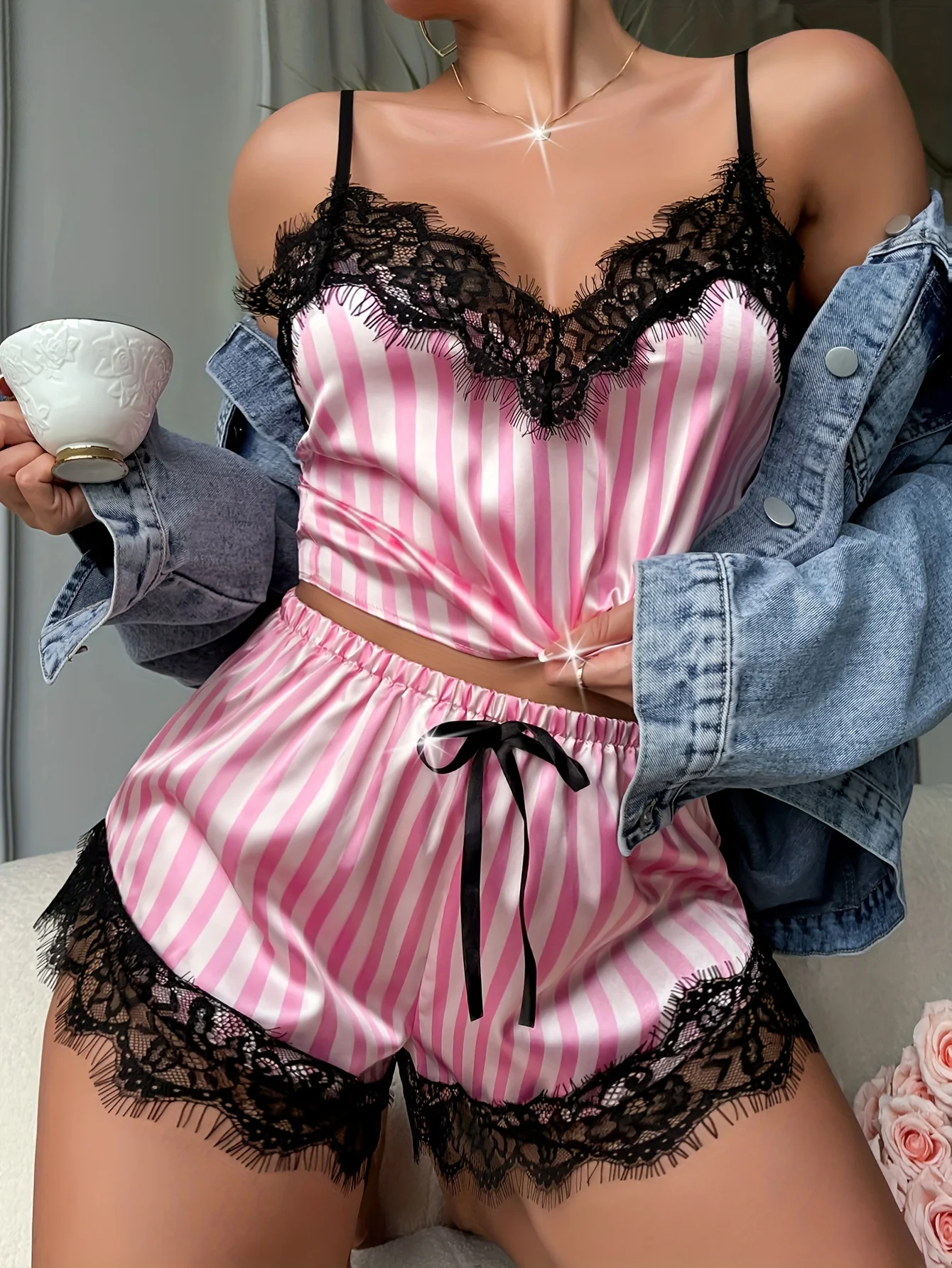 New Stripe Two Piece Women's V-Neck Sexy Lace Suspender Pajama Shorts Set Casual Women's Sleeveless Sexy Pajama Set