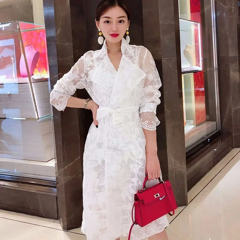 

Spring Chic Trench Coat Women 2023 New Korean Ladies Windbreaker Jacket Female White Lace Thin Long Outerwear Two-Piece Top Y2k