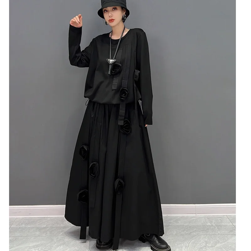 

Webbing Splicing Three-dimensional Flower Top Woman + Solid Color Leisure Wide Leg Pants Suit 2024 Spring Autumn LX461S