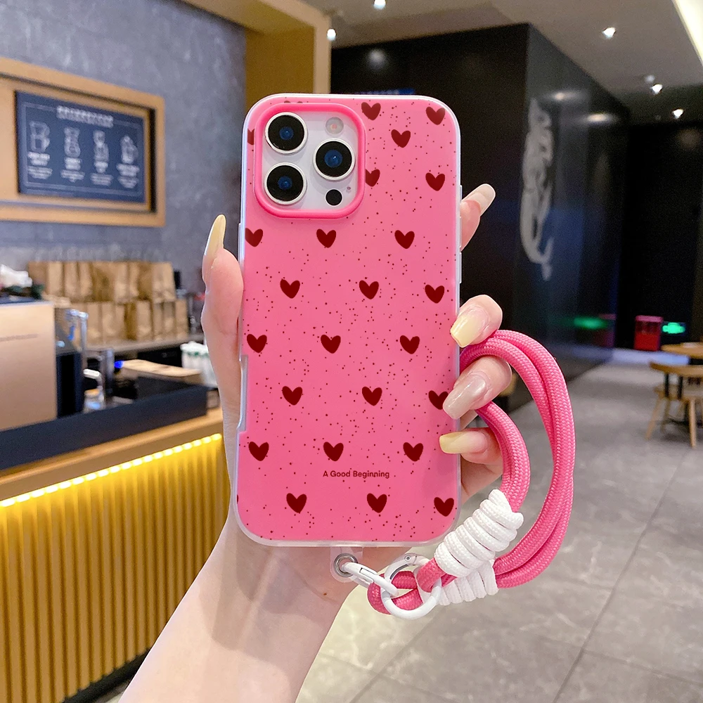 Heart Polka Dot Wrist Strap TPU Phone Case with Lanyard Cover