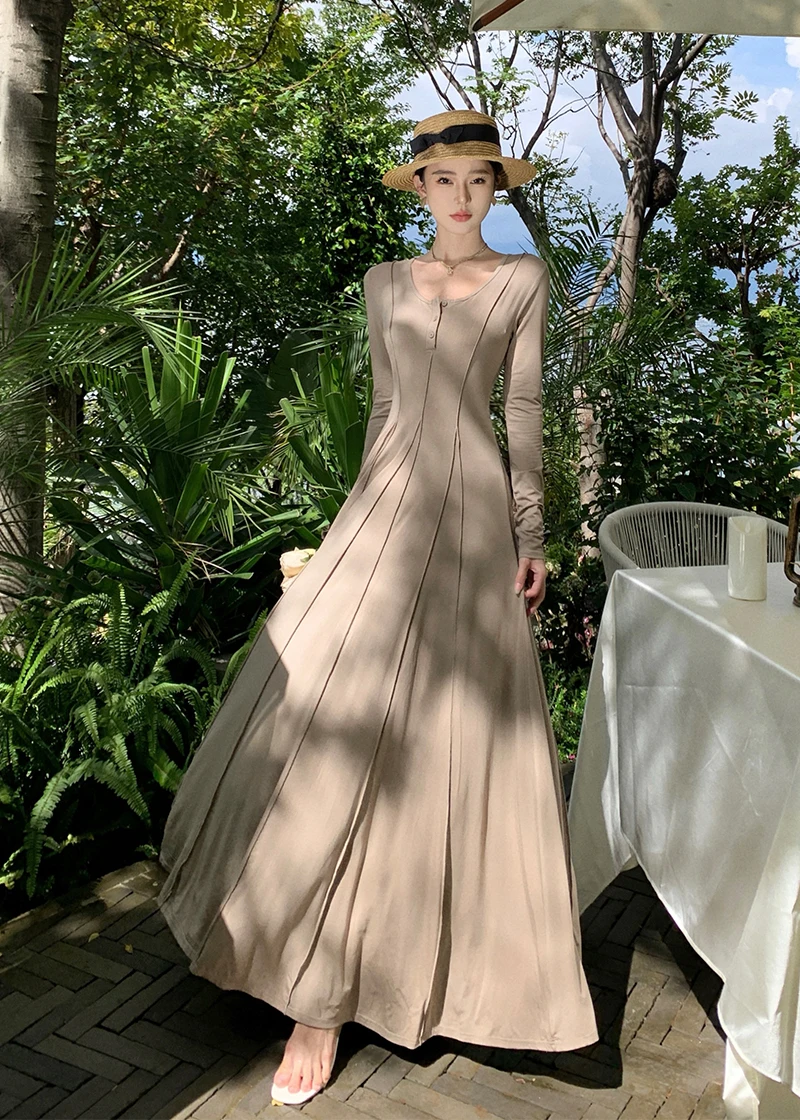 Casual Knitted Dresses for Women Long Sleeves Square Collar A-line Autumn Maxi Dress Korean Fashion Solid Vestidos Mujer New