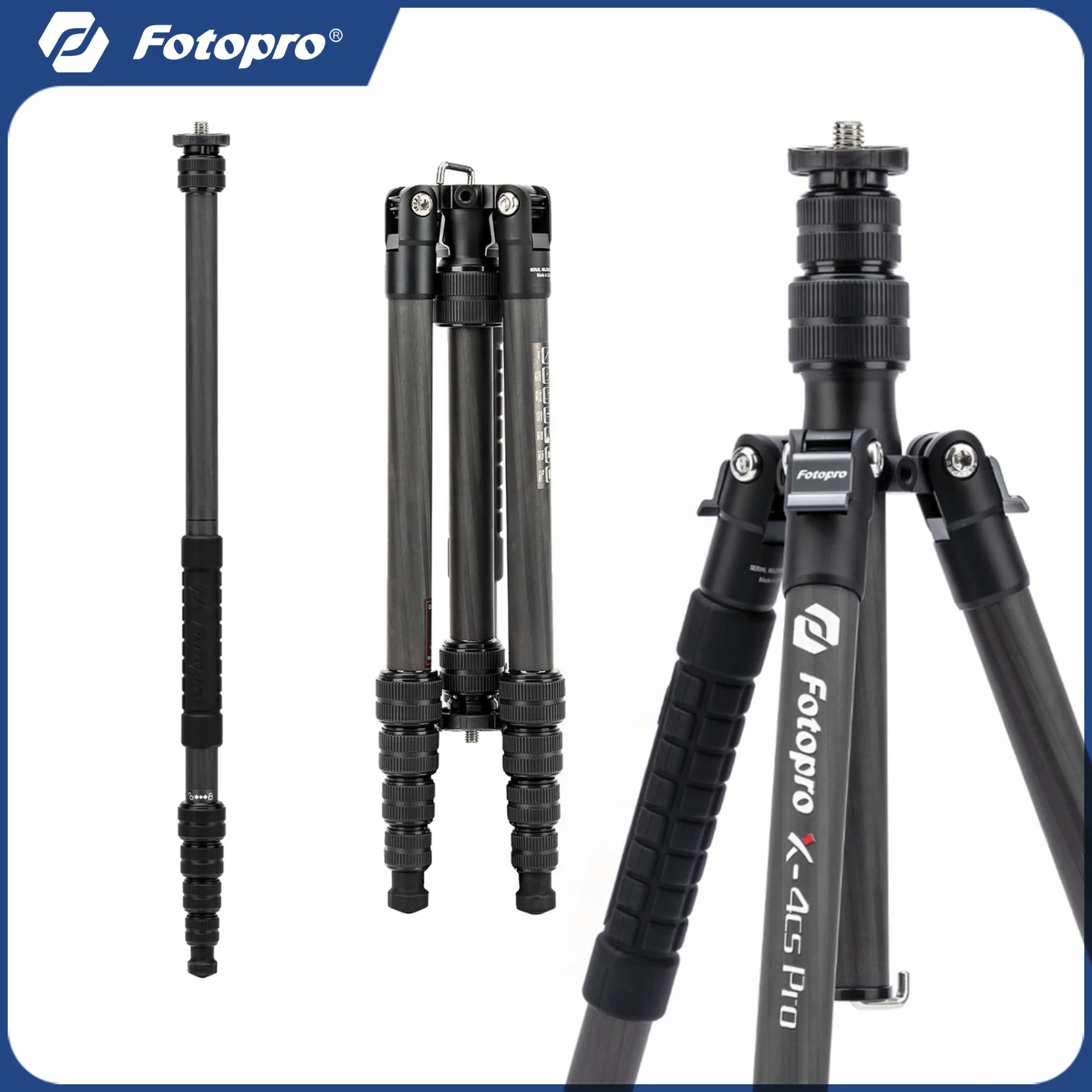 Fotopro 59" Carbon Fiber Travel Tripod Compact Camera Tripods Detachable Monopod for DSLR X-GO E2