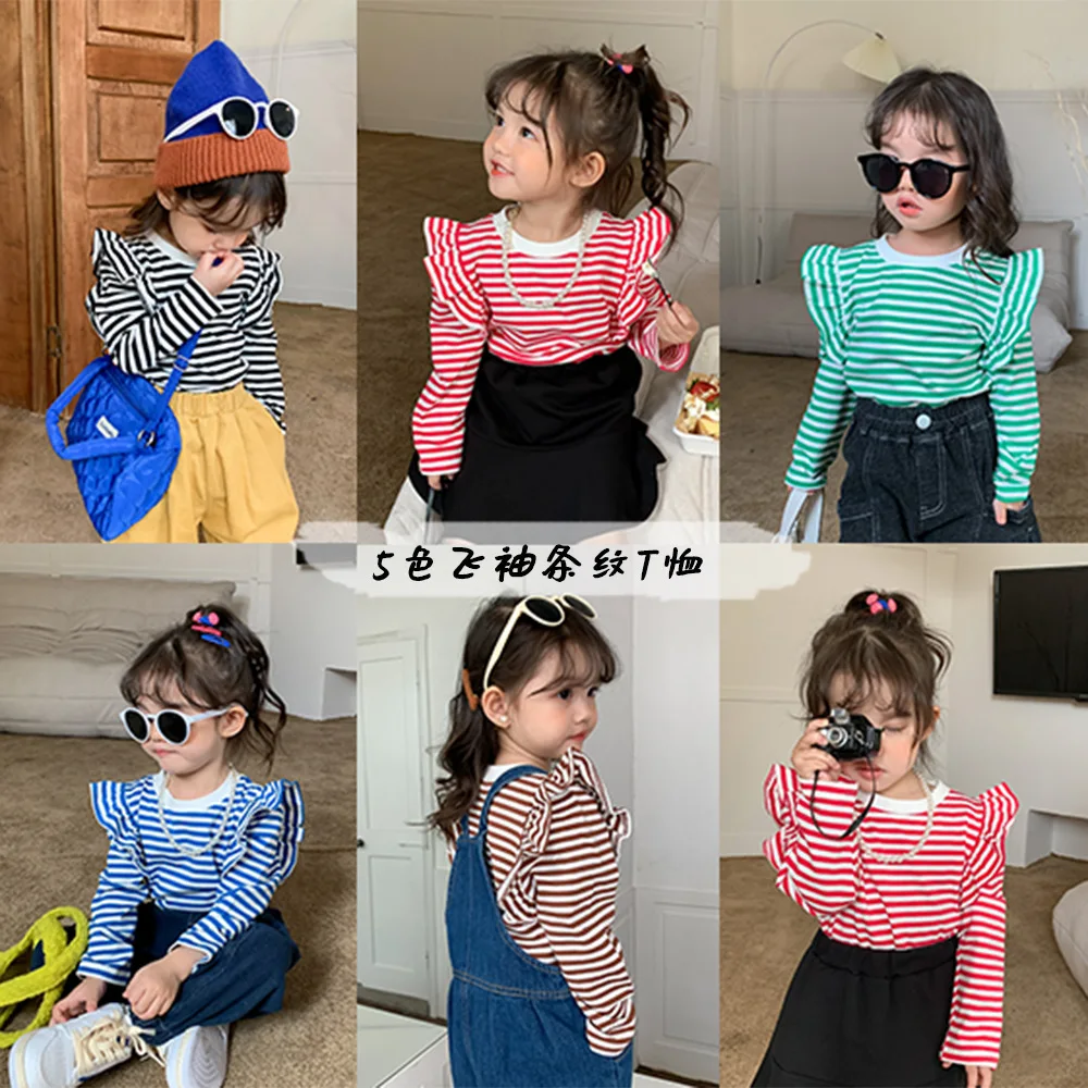 

Girls' T-shirt Autumn 2023 New South Korea Children Lotus Leaf Sleeve Top Striped Base Shirt
