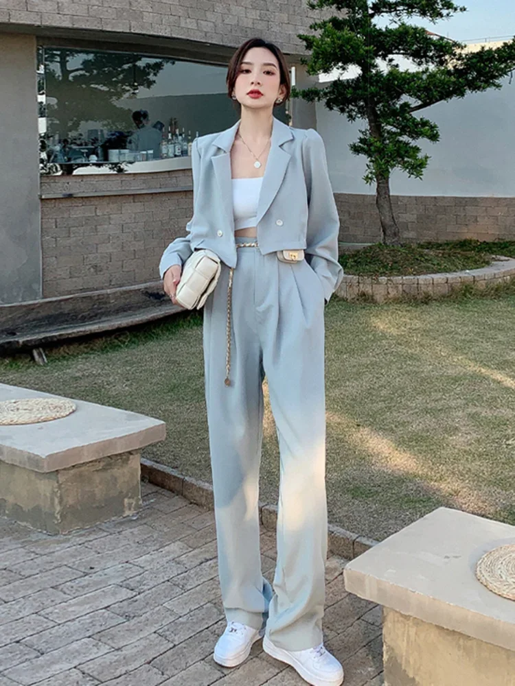 

Lnsozkdg Two-piece Suit for Women 2 Piece Set Blazer with Pant Suits Puff Sleeve Crop Tops Chic Outfits Elegance Kit 2023 Solid