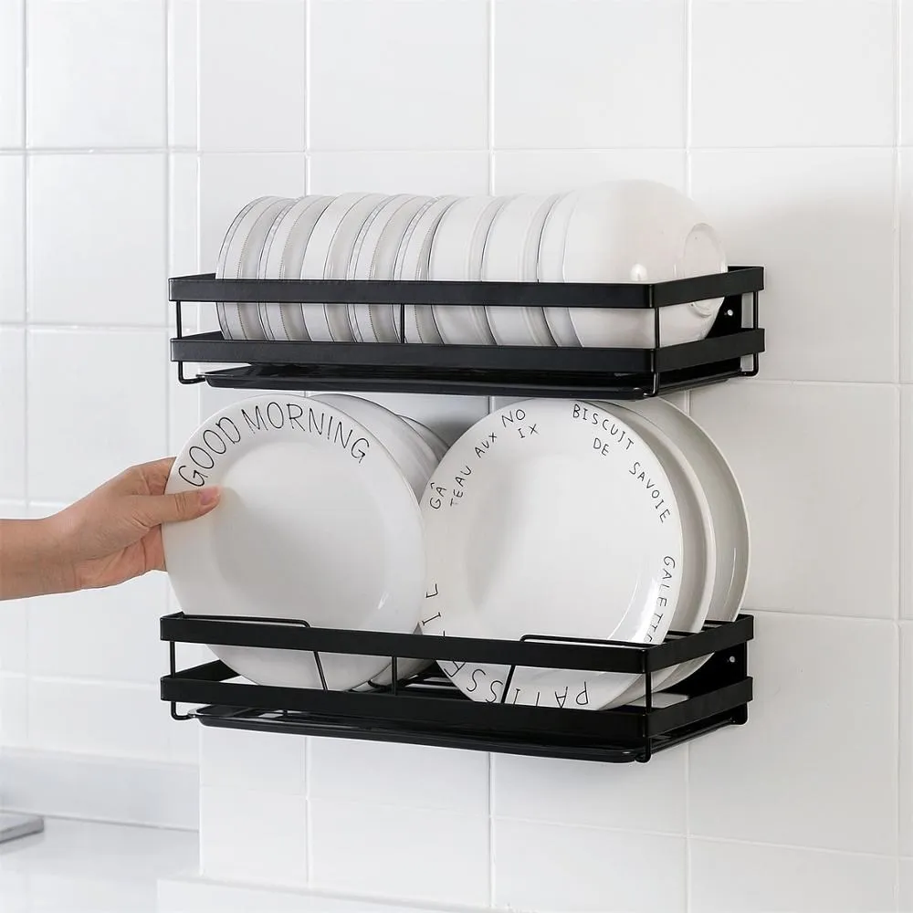 

Carbon Steel Dish Drying Rack Shelf Bowl Holder with Tray Wall Mounted Plate Storage Rack Shelves Kitchen Organizer