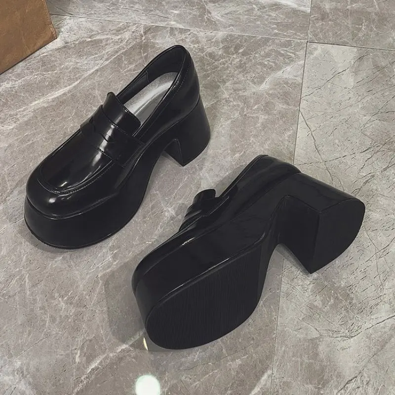 NEW Super High Heels Loafers Women Spring Autumn Patent Leather Chunky Platform Pumps Woman Slip On Black Uniform Shoes Fashion