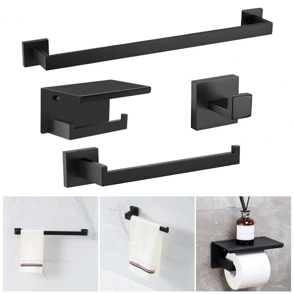 Towel Rack Set with Chamfered Edges Wall-mounted Towel Rack Set Modern Matte Black Bathroom Hardware with for Bathroom