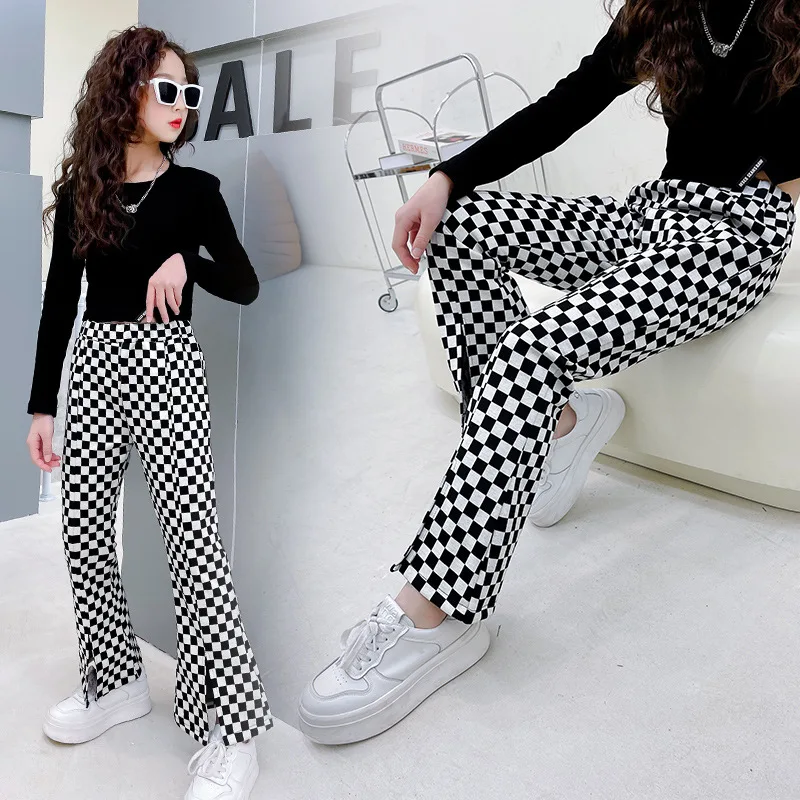 

Girls Pants Plaid Pants For Teenage Girl Spring Autumn Children's Split Flare Trousers Casual Style Clothes Girl 4 6 8 10 12 14Y