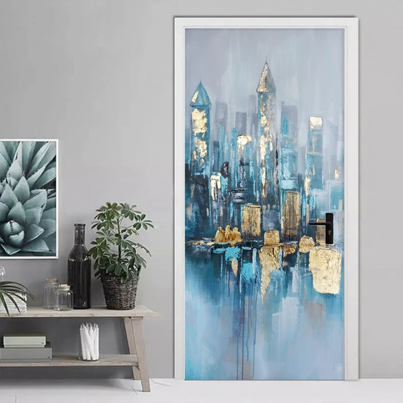 Door Sticker Modern Hand Painted 3D Golden Abstract City Oil Painting Wallpaper Living Room Bedroom Home Decor Art Door Poster city modern зеркало