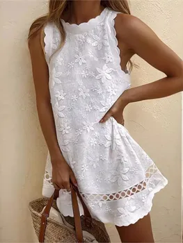 New Casual Loose Dress For Women Fashion O Neck Sleeveless White Elegant Beach Party Dresses Female Sweet Lace Hollow Out Dress 1