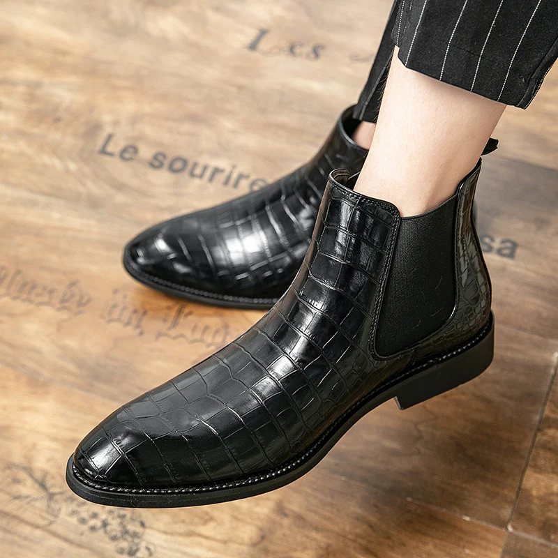 Fashion Crocodile Pattern Elegant Men Chelsea Boots Italian Men Boots British Semi-formal Party Gentleman Shoes