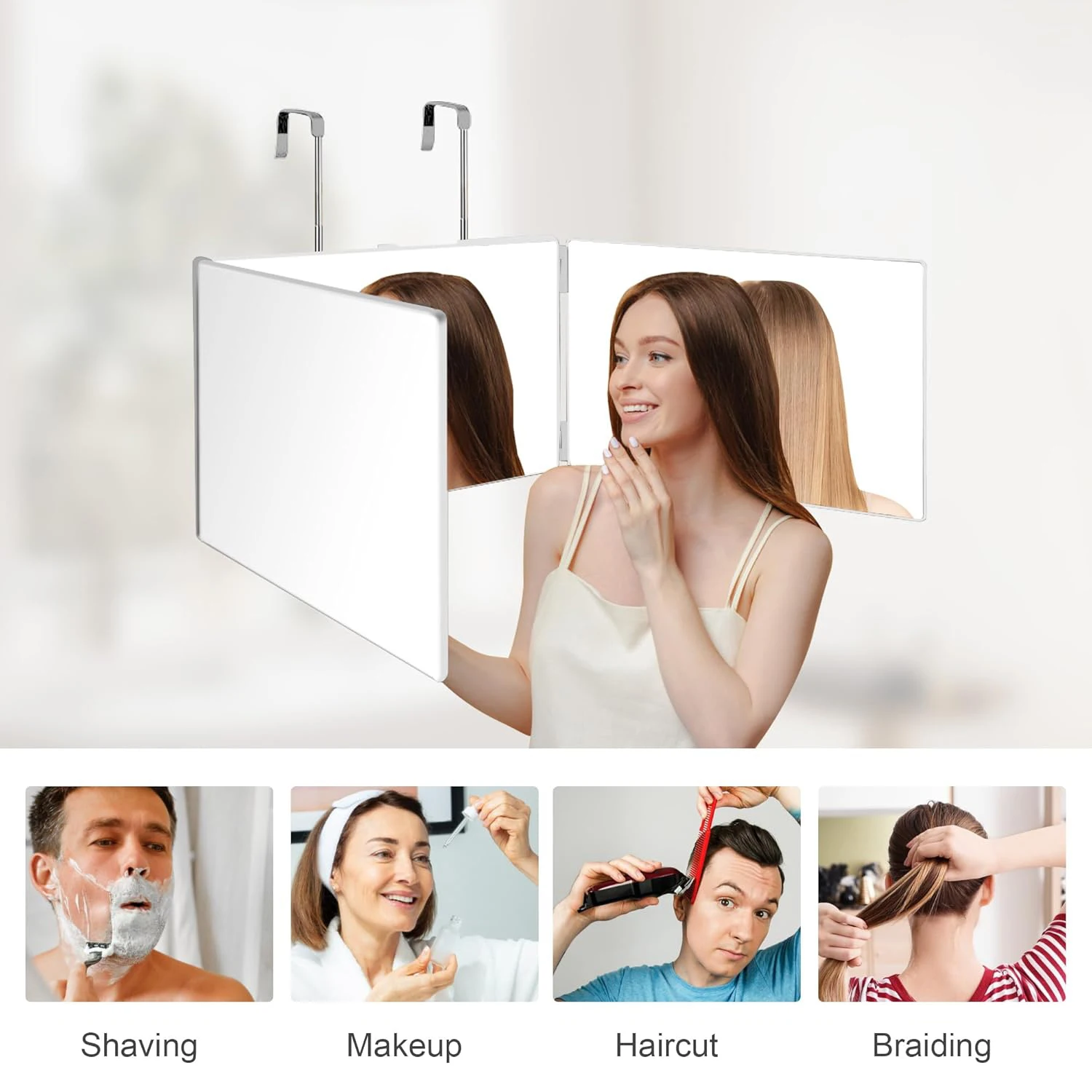 Sleek Black Portable Trifold Mirror with Adjustable Height & Telescoping Hooks - Perfect for Hair Styling and Makeup