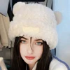 Cute Autumn Winter Bear Plush Ear Protection Knitted Wool Hat Women Large Head Face Small Versatile Cover Head Ear Cap Dacron 1