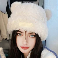 Cute Autumn Winter Bear Plush Ear Protection Knitted Wool Hat Women Large Head Face Small Versatile Cover Head Ear Cap Dacron 1