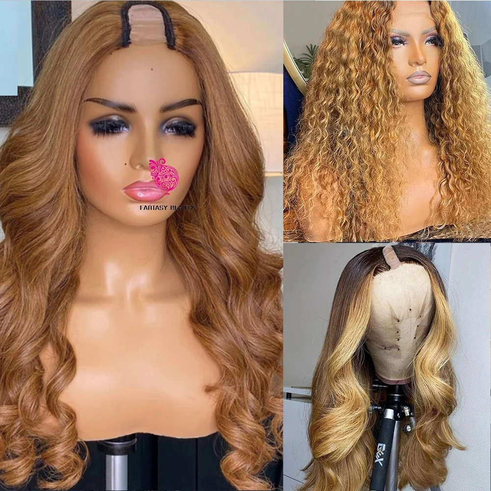 

Honey Blonde Body Wave U Part Wigs Golden Blonde Jerry Curly Brazilian Remy Human Hair Glueless V Part Half Wig 250density Full
