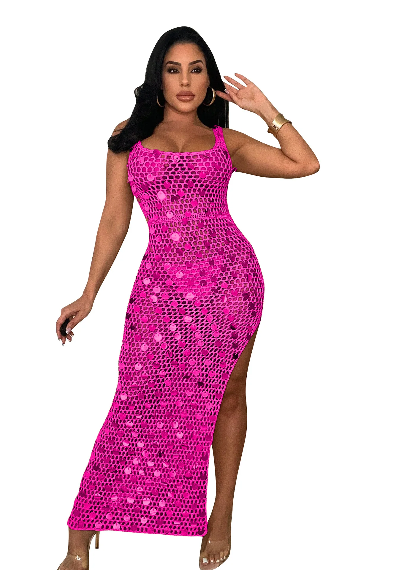 Kendny Robe longue en tricot côtelé à paillettes pour femmes évider voir à travers le maillot de bain couverture de vêtements de plage en club robes maxi sexy robe Y2K 2023 12