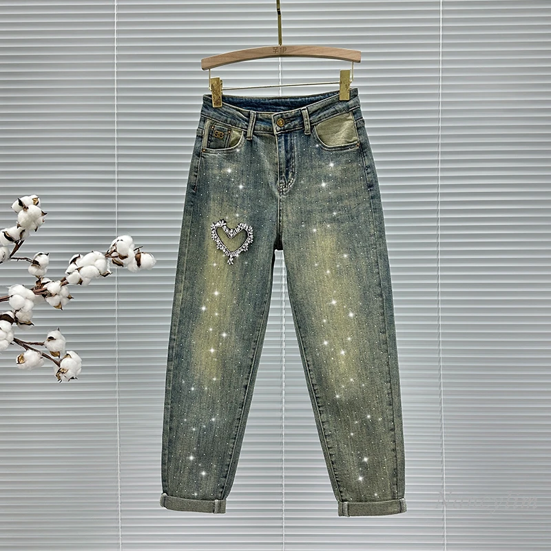 European Diamond-Embedded Jeans Women's Daddy Trousers 2024 Spring New High Waist Loose All-Matching Harem Pants Jeans lxunyi high waist jeans women 2022 spring women s loose harlan pants straight loose radish daddy denim pants washing trousers