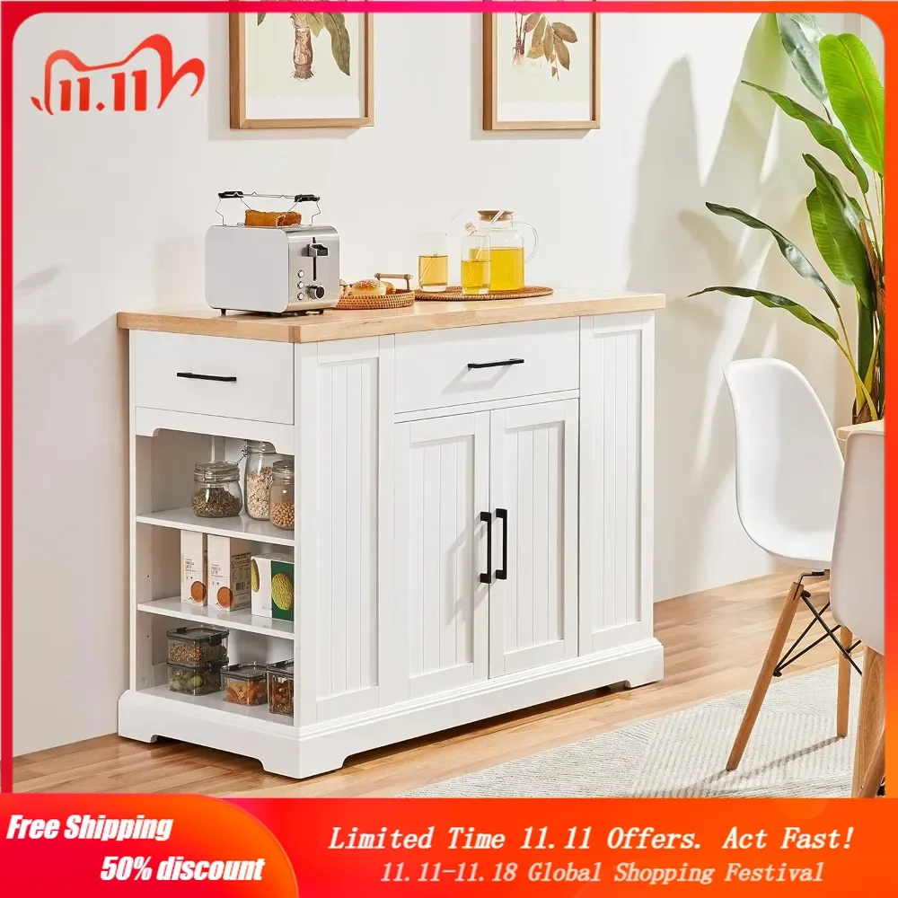 Rolling Kitchen Island Cart with 3 Drawers, Kitchen Storage Cabinet on Wheels with Open Shelves and Inner Adjustable Shelves