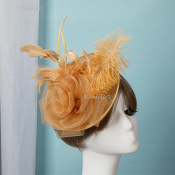 Accessorio per capelli per banchetti formali con copricapo in piume per cappello da sposa in lino vintage stile britannico