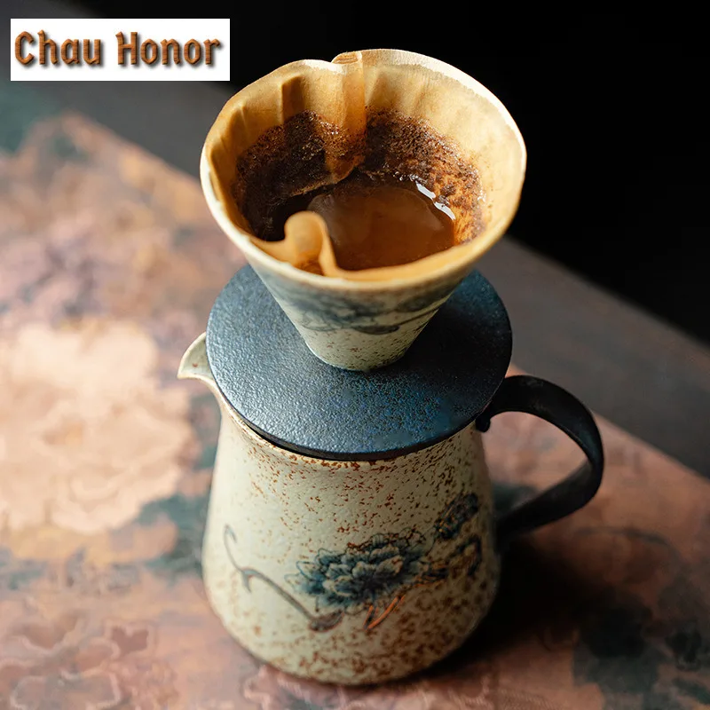 Blue And White Flint Red Coffee Cone Shape Drip Gold Drawing Peony Flower Hand Brewing Coffee Dripper Filter Funnel Barista Mugs