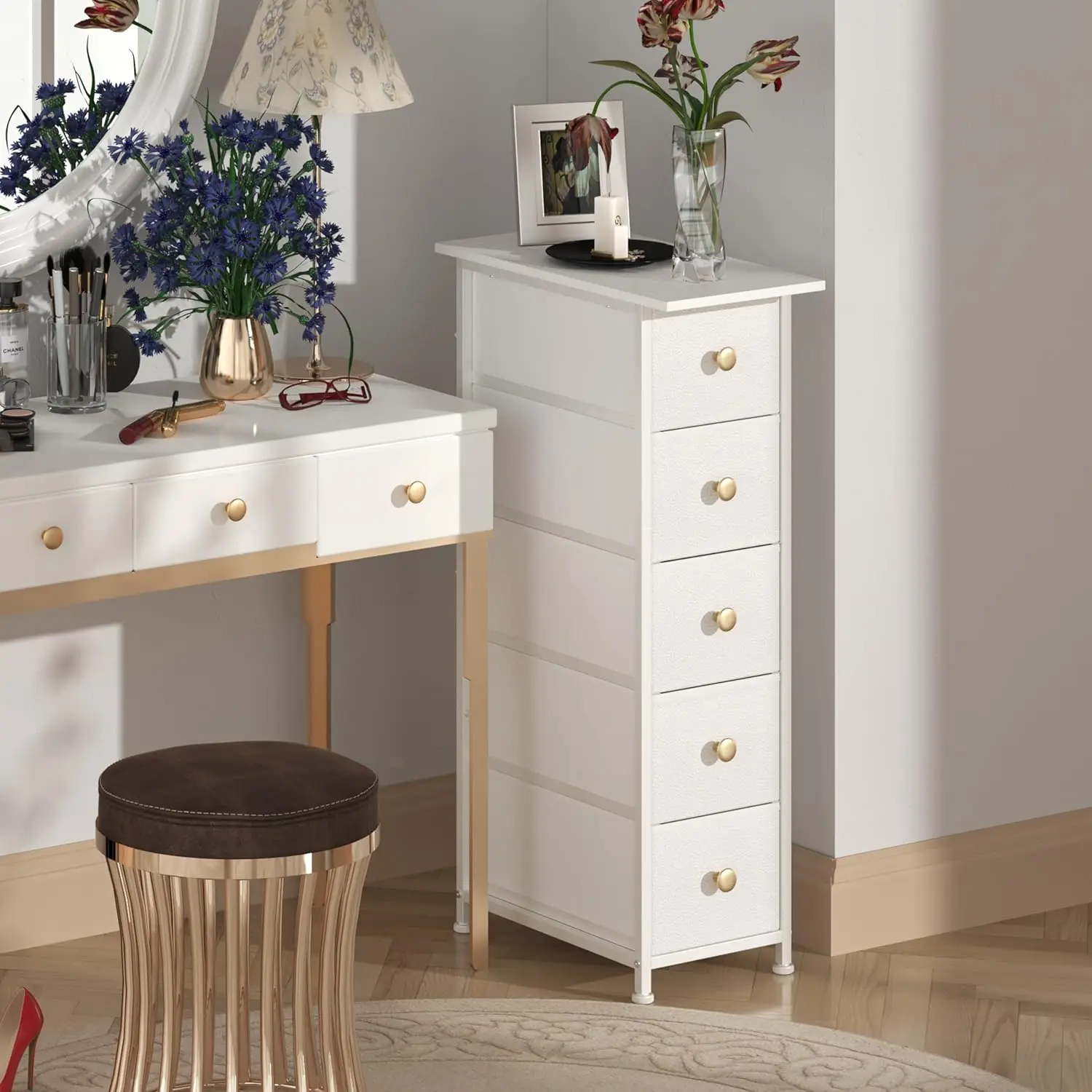 Narrow Dresser Cabinet. Slim Chest of Drawers. 5 Drawers. Fabric Unit. For Bedroom, Bathroom. White.