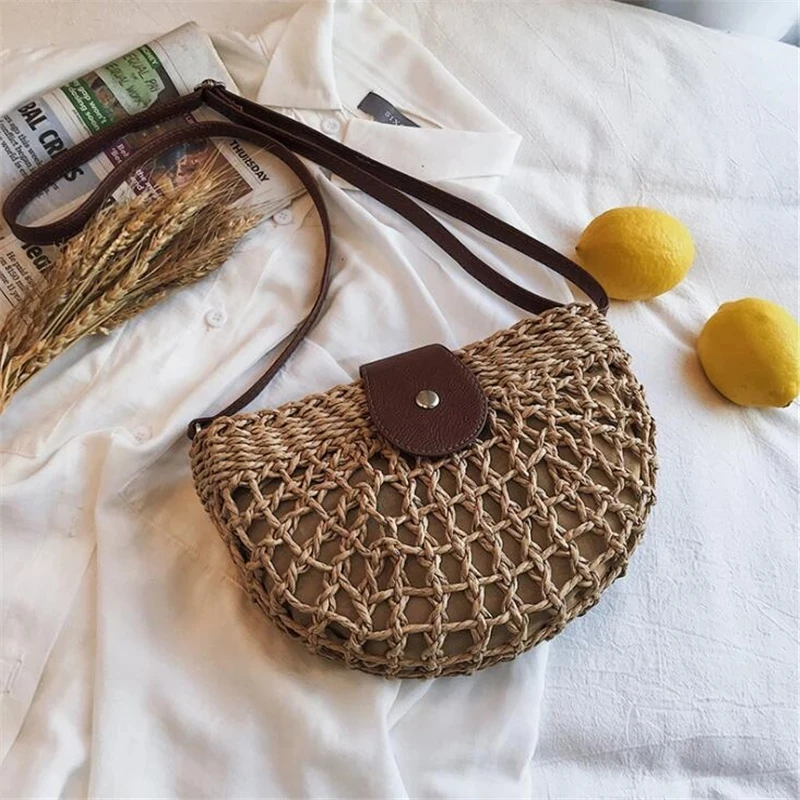 Casual Half Moon Women Straw Rattan Shoulder Bags Wicker Woven Lady Hollow Crossbody Bag Summer Beach Travel Small Handbag Purse