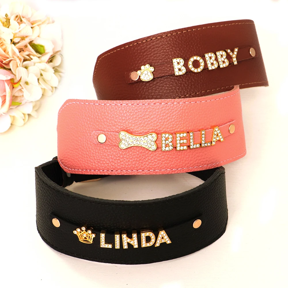 Personalized Dog Collar Bling Rhinestone Leather Pet Collar For Small Medium Dogs Greyhound Wide Custom Necklace Free Name Charm