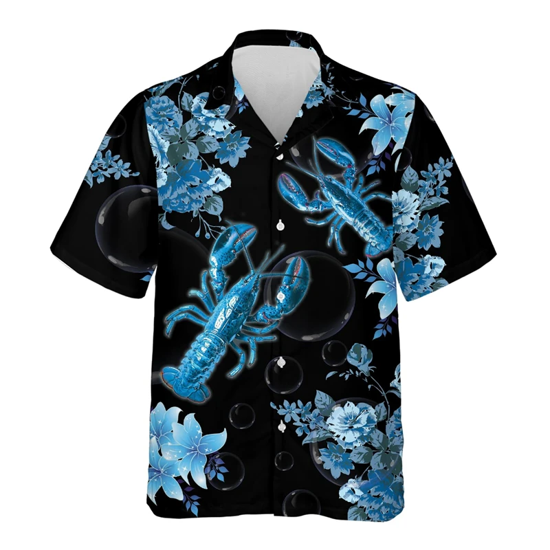 Hawaiian Lobster Anchor 3D Printed Shirts For Men Clothes Harajuku Fashion Seafood Beach Shirt Aloha Short Sleeve Blouses Tops