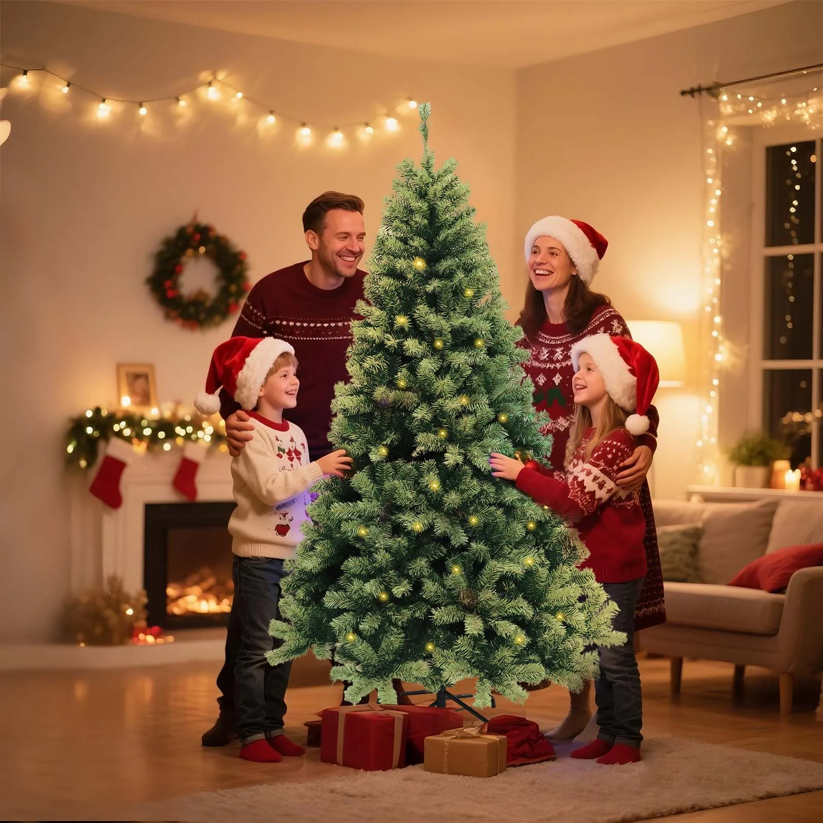 6–7ft Pre-Lit Artificial Christmas Tree with LED Lights – 8 Lighting Modes, Hinged Branch Design for Easy Setup