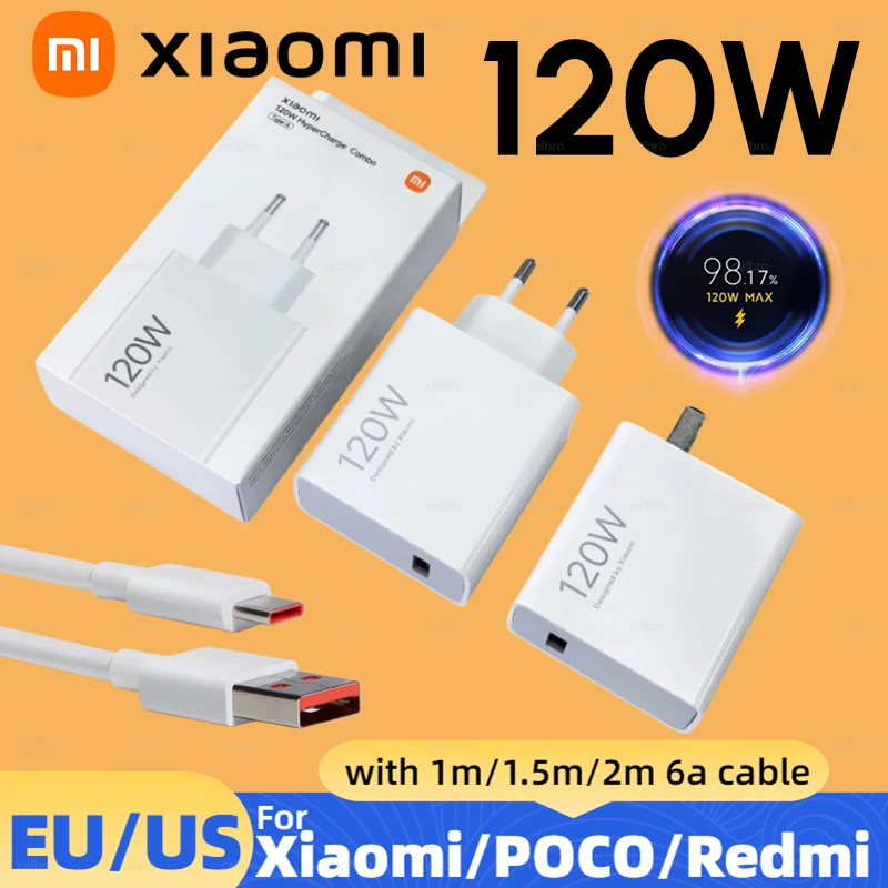 Xiaomi 120W Charger Original Turbo EU Wall Adapter Cargador Hypercharge Mi 17 15 13 Redmi Note 14 POCO F7 X8 Pro TypeC Cable