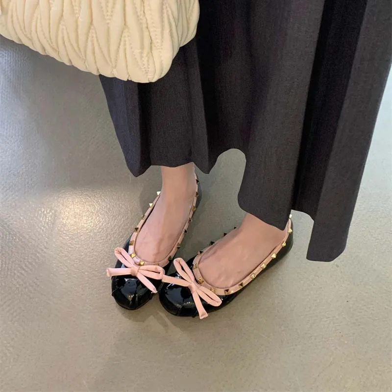 

Flats Shoes Women Bowtie Rivet Pink Ballet Flat Round Toe Ballet Shoes Casual Ladies Soft Loafers Black Zapatos Mujer