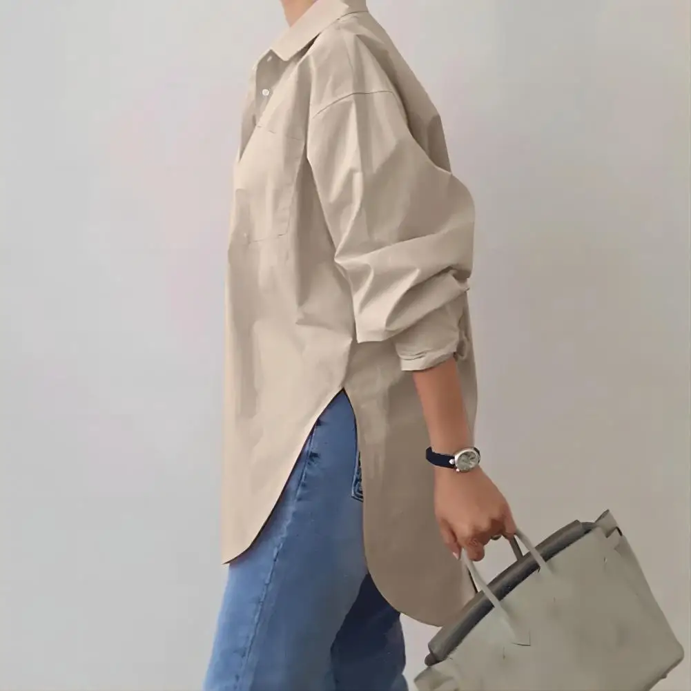 

Solid Color Women Shirt Stylish Women's Spring Shirt with Turn-down Collar Long Sleeve Irregular Hem Casual Mid Length for Work