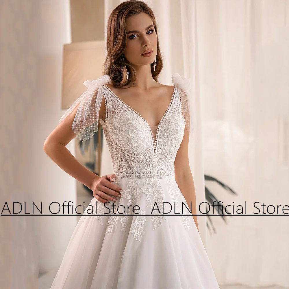Vestidos De Novia Wedding Dress for Woman Tulle A-line Bride Gown Sleeveless V Neck Applique Sweep Train Backless Bridal Dresses