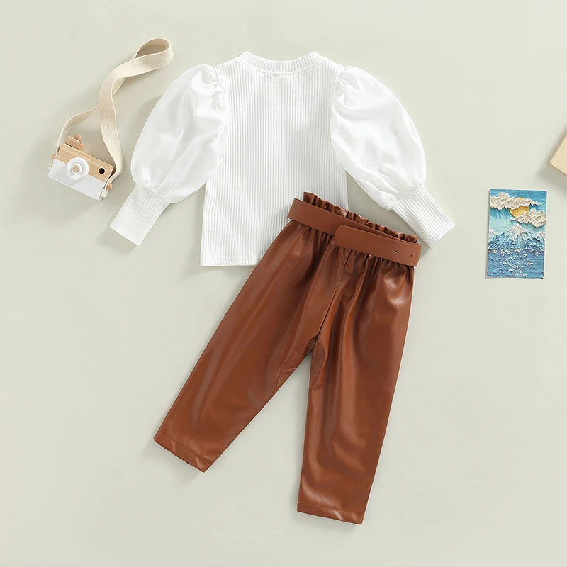 1-6Y Kids Girls Autumn Clothes Sets Baby Puff Long Sleeve Ribbed Tops + PU Leather Long Pants + Belts Children Outfits