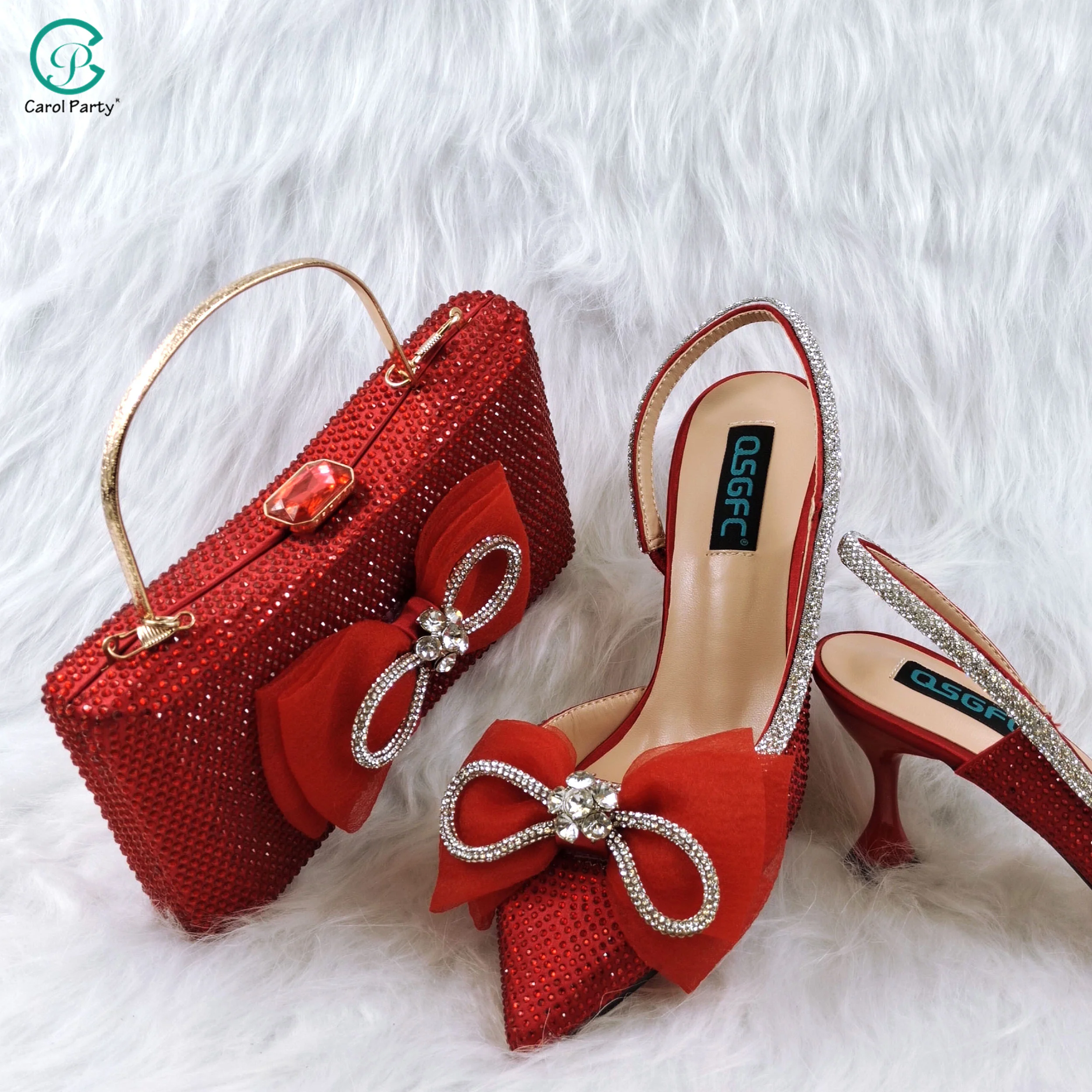 

Carol Party INS Red Pointed Women's Sandals and Bag Set Tulle Butterfly Nigerian Style Design Shiny Diamond Party High Heels