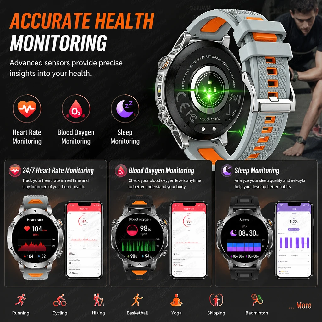 2026 New GPS Tracker 1400mAh Smartwatch Men 200-Day Standby Clock Rugged Outdoor Sport IP68 Waterproof Flashlight Call Watches 6