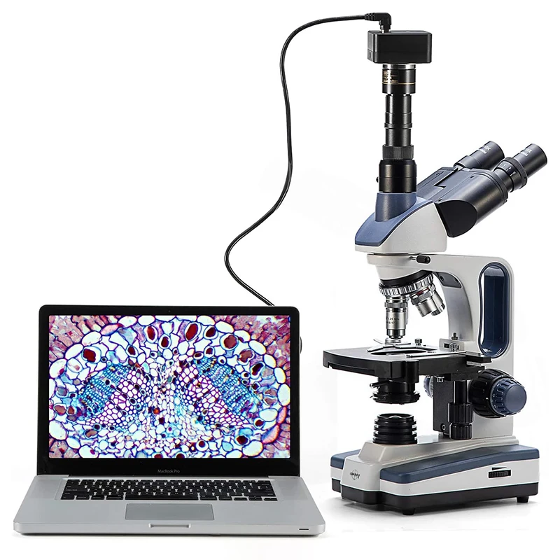 SWIFT SW350T 40X-2500X 삼안 현미경, RT20U-5.1M 카메라, 10X 25X 접안렌즈, 기계식 스테이지, 아베 콘덴서 포함