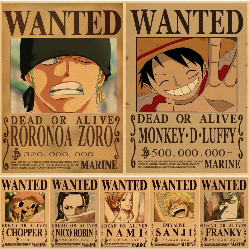 Hot Luffy Action Figure Wanted Poster Stampa Artigianale Adesivo Murale Vintage Giapponese Anime Adesivi One Piece Carta Da Parati Dipinti