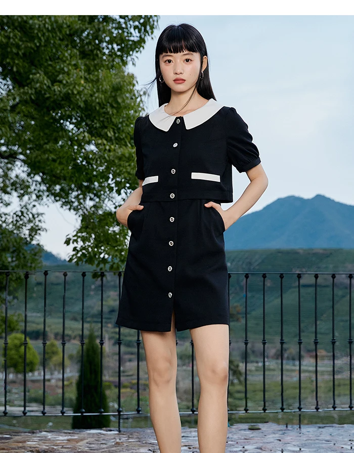 Dress Women Contrast Texture Fake Two Pieces Summer New Bubble Sleeve Breasted Short Dress Elegant Small Fragrance