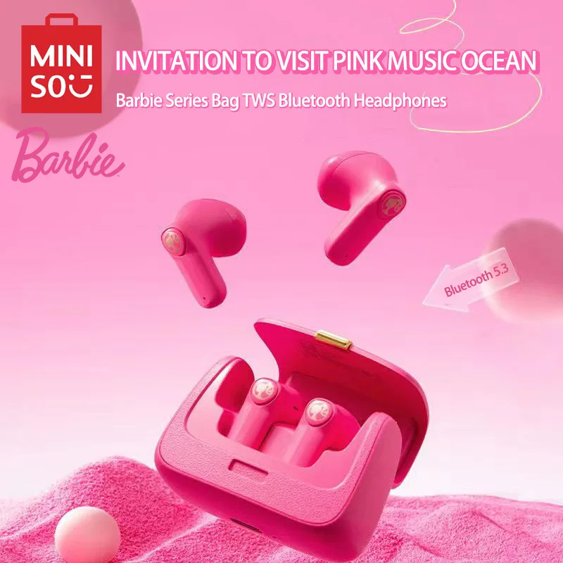 MinisoBarbieheadphonenirkabelTWS53earphoneBluetoothSuaramerah