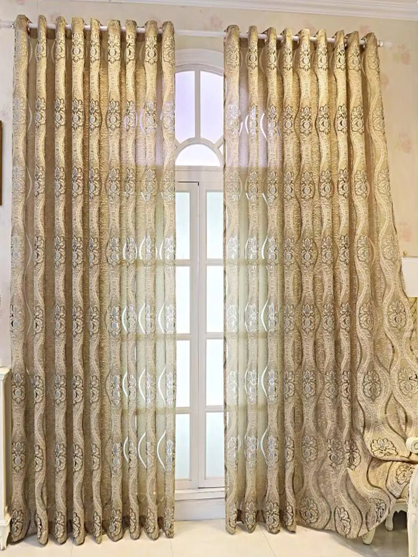 European Curry Eight Wave Perforated Curtains Living Room Bedroom Blackout Decorative Curtains Party Decoration
