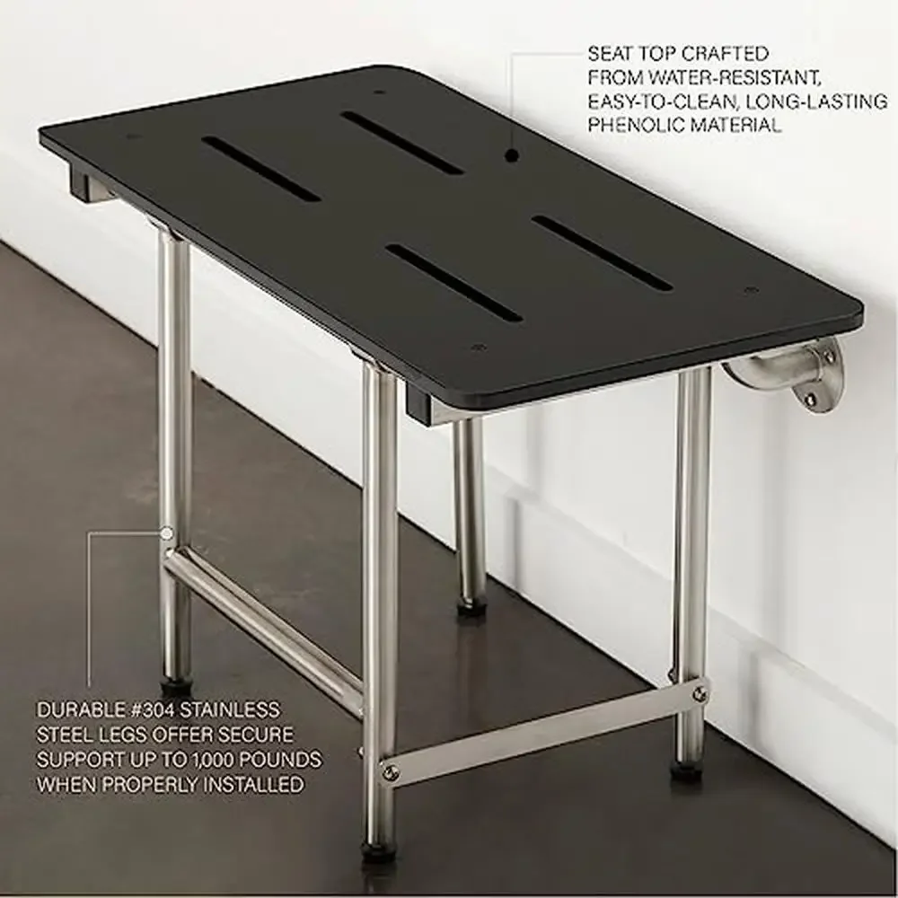 ADA Bariatric Folding Wall Mount Shower Bench 1000lb Capacity Matte Black Phenolic Seat 4
