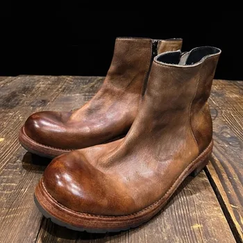 British Style Genuine Leather Round Toe Side Zipper Chelsea Chimney Boots Men's Shoes Outdoor Casual Cowhide Work High Top Male